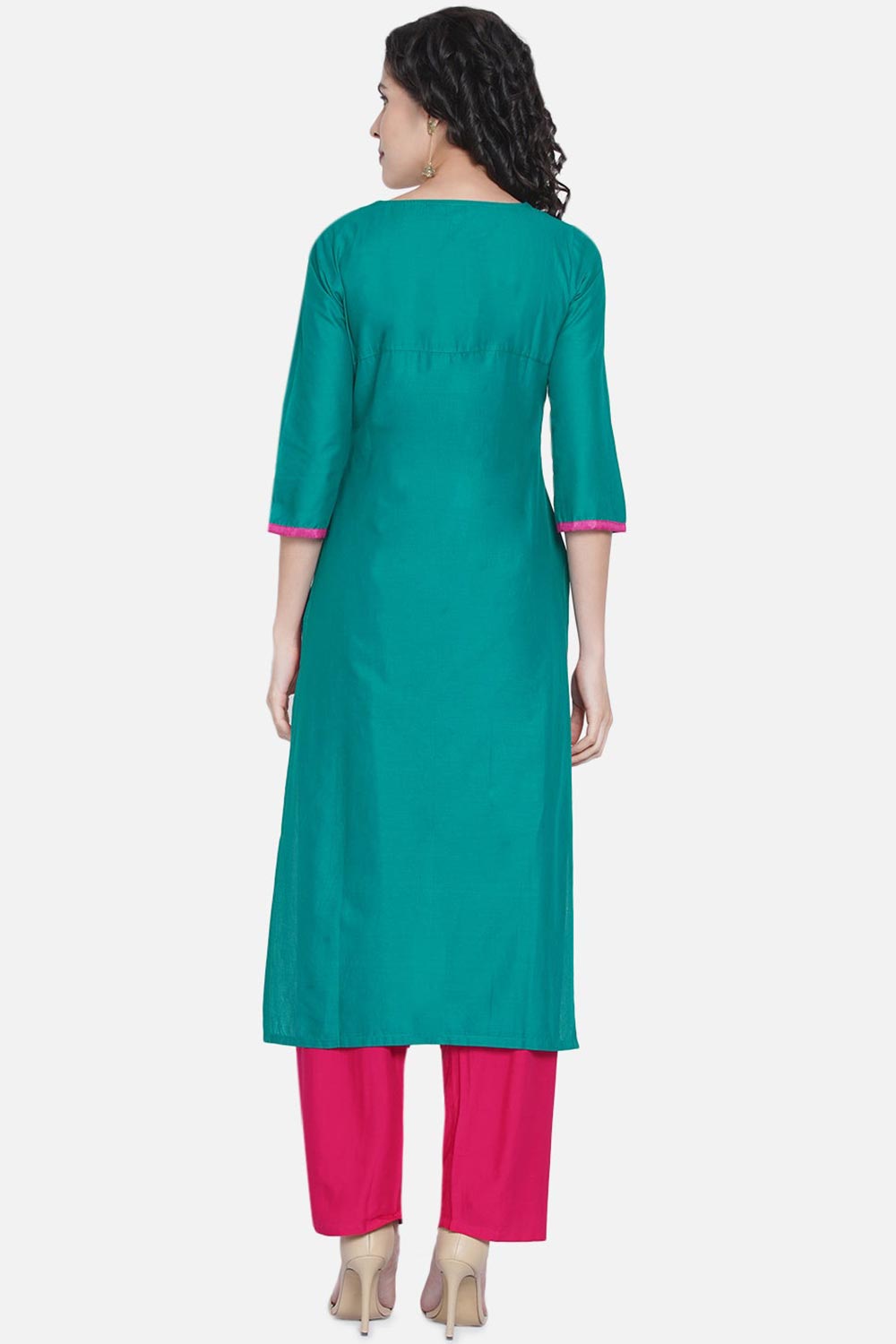 Buy Women Cotton Embroidered Kurta Set in Rama Green Online - Back