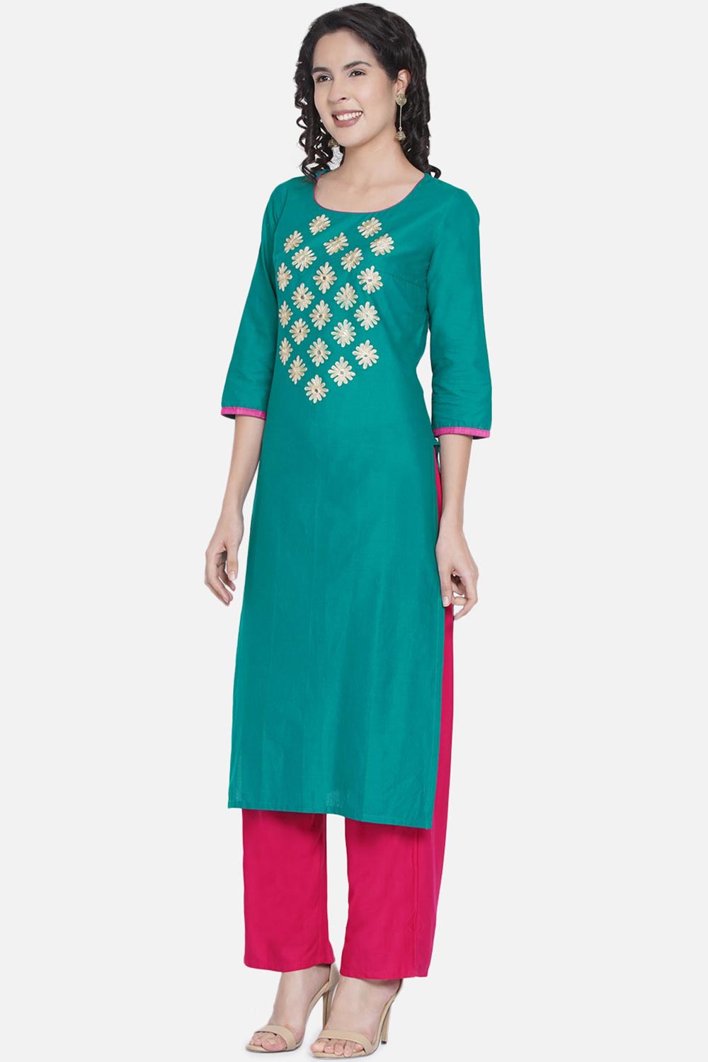 Buy Women Cotton Embroidered Kurta Set in Rama Green Online - Side