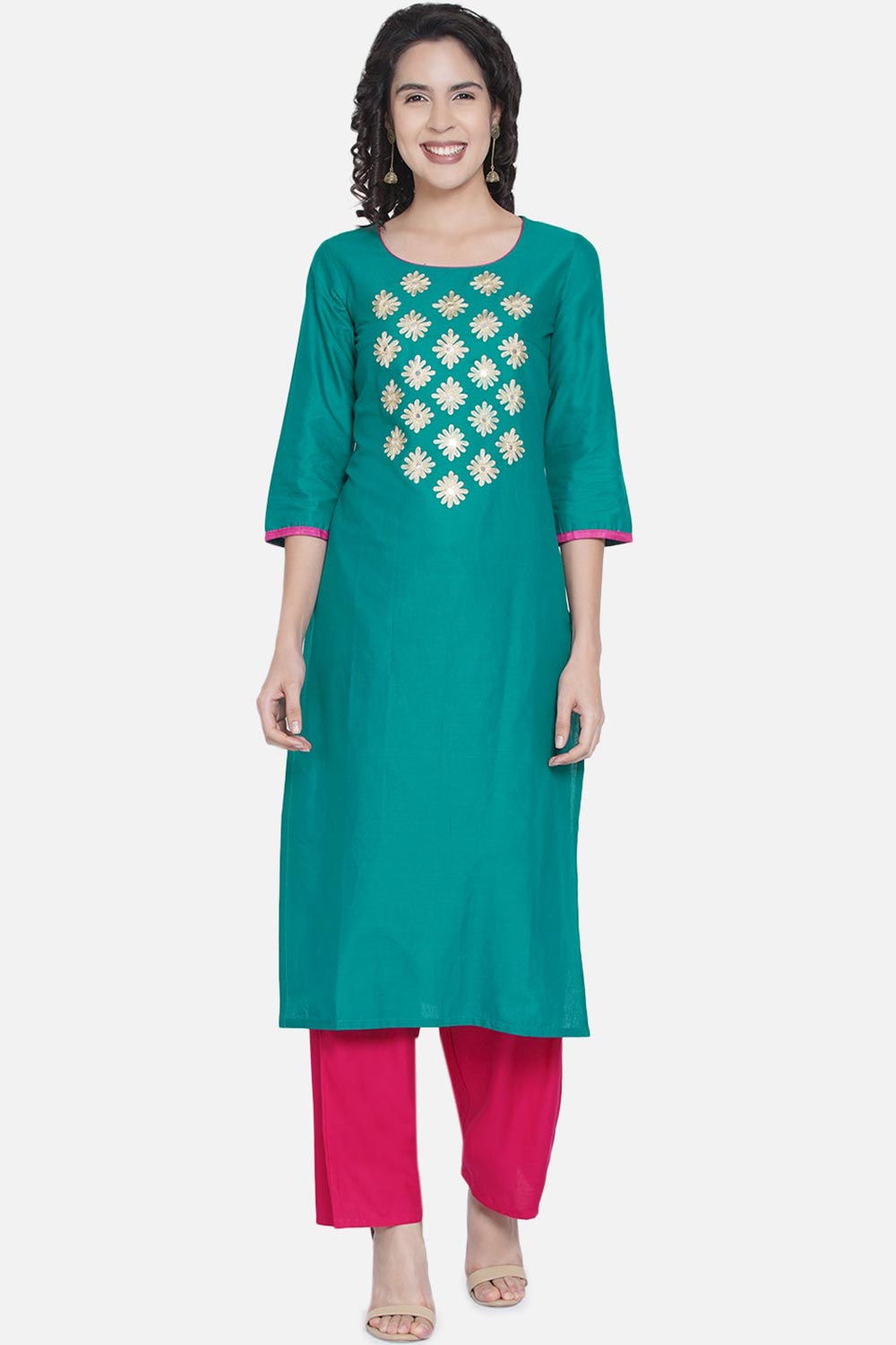 Buy WomenCotton Embroidered Kurta in Rama Green Online