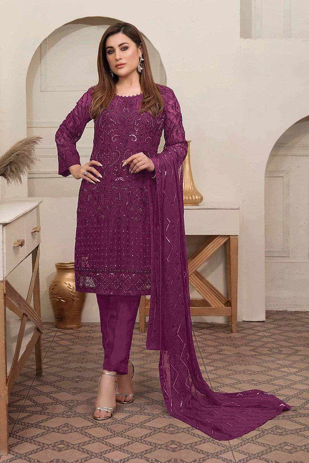 Buy Wine Sequins With Floral Embroidered Georgette Pant Suit Set Online - KARMAPLACE