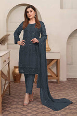 Buy Grey Sequins With Floral Embroidered Georgette Pant Suit Set Online - KARMAPLACE