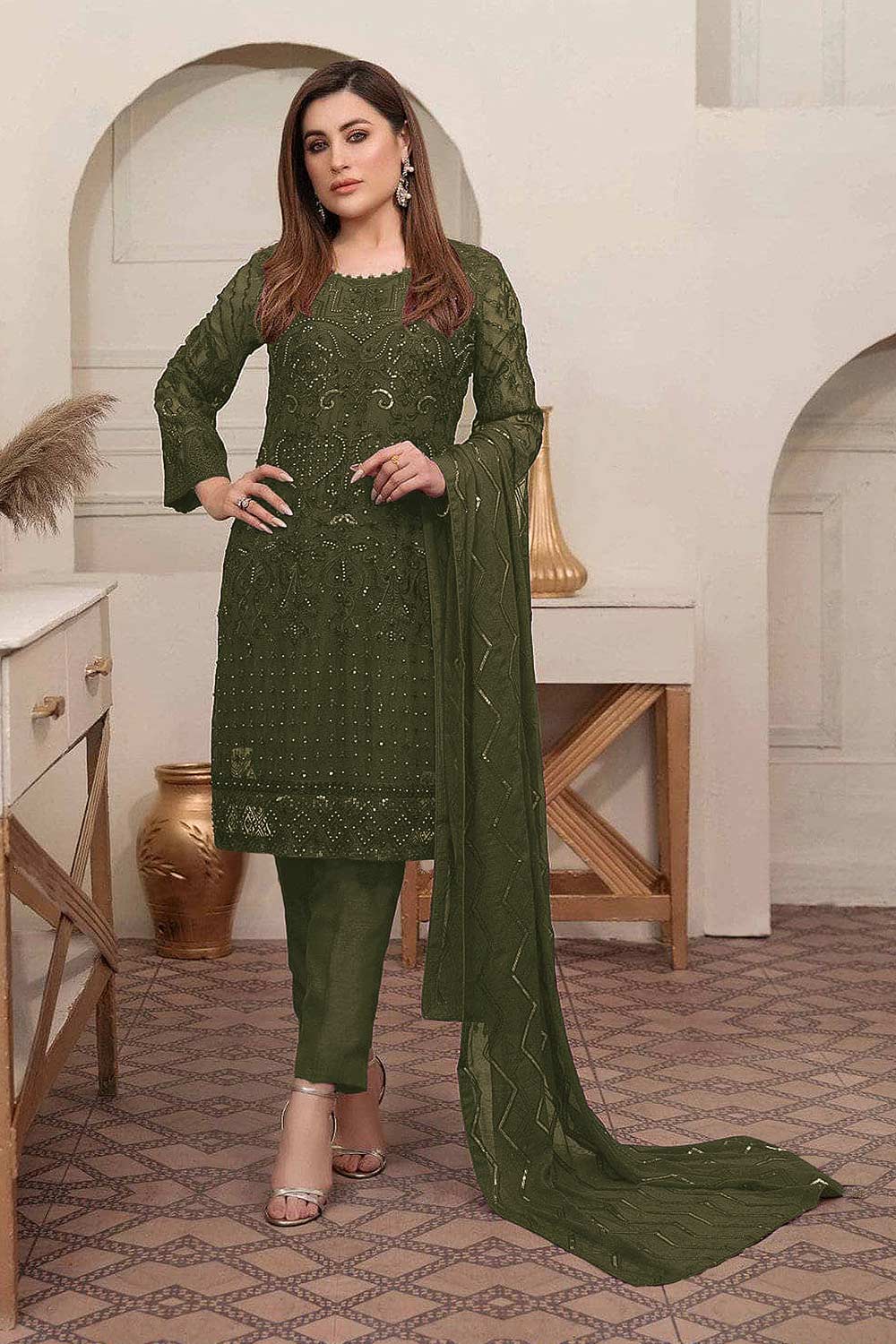 Buy Mahendi Green Sequins With Floral Embroidered Georgette Pant Suit Set Online - KARMAPLACE