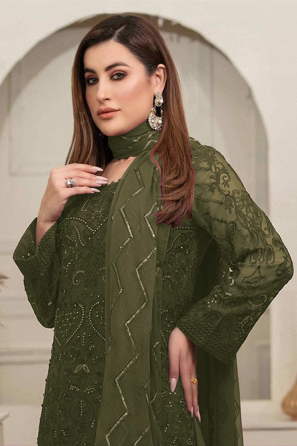 Mahendi Green Sequins With Floral Embroidered Georgette Pant Suit Set