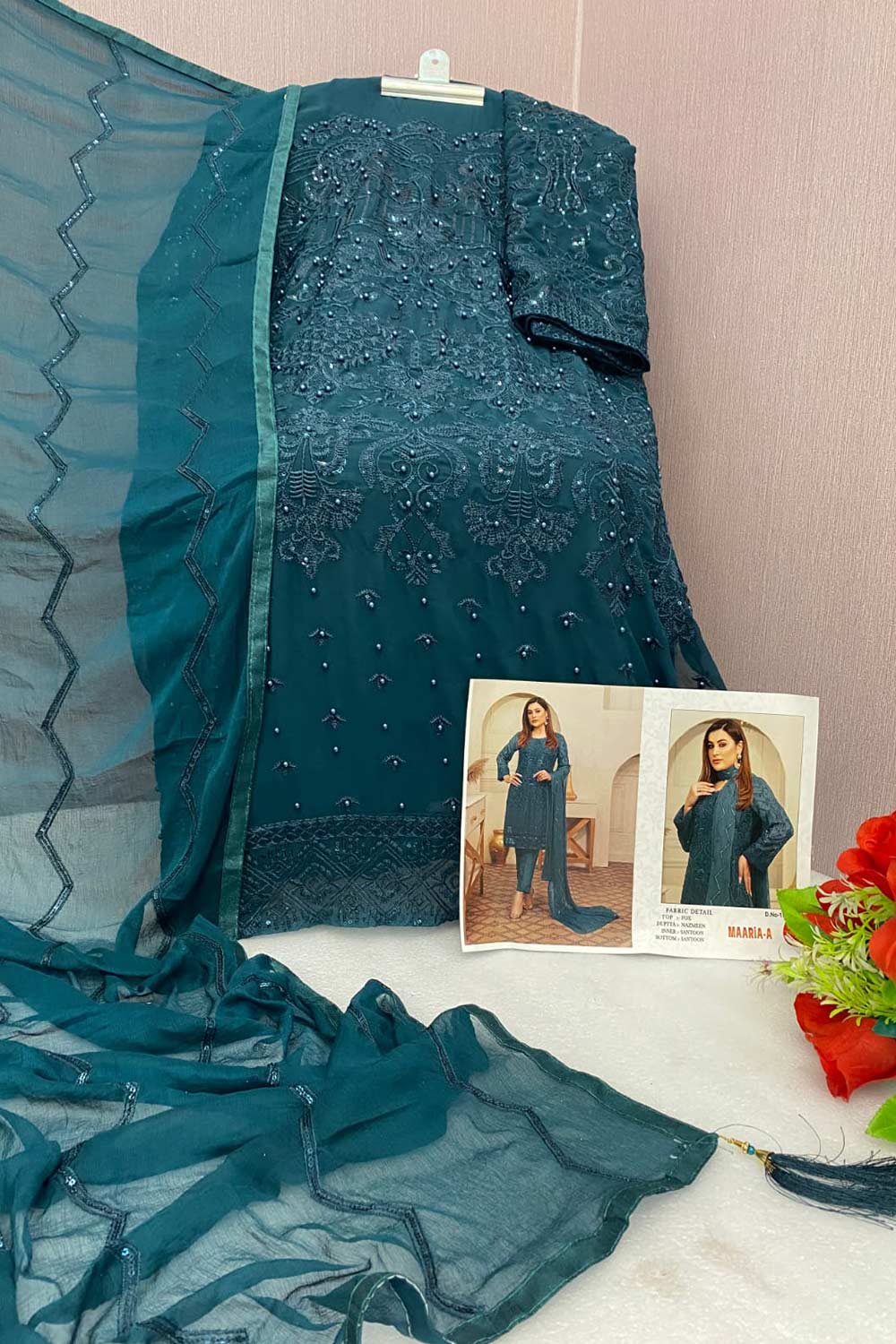 Aqua Blue Sequins With Floral Embroidered Georgette Pant Suit Set