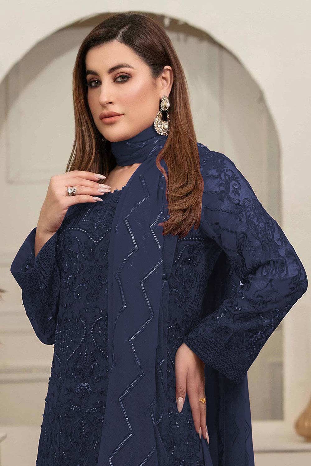 Blue Sequins With Floral Embroidered Georgette Pant Suit Set