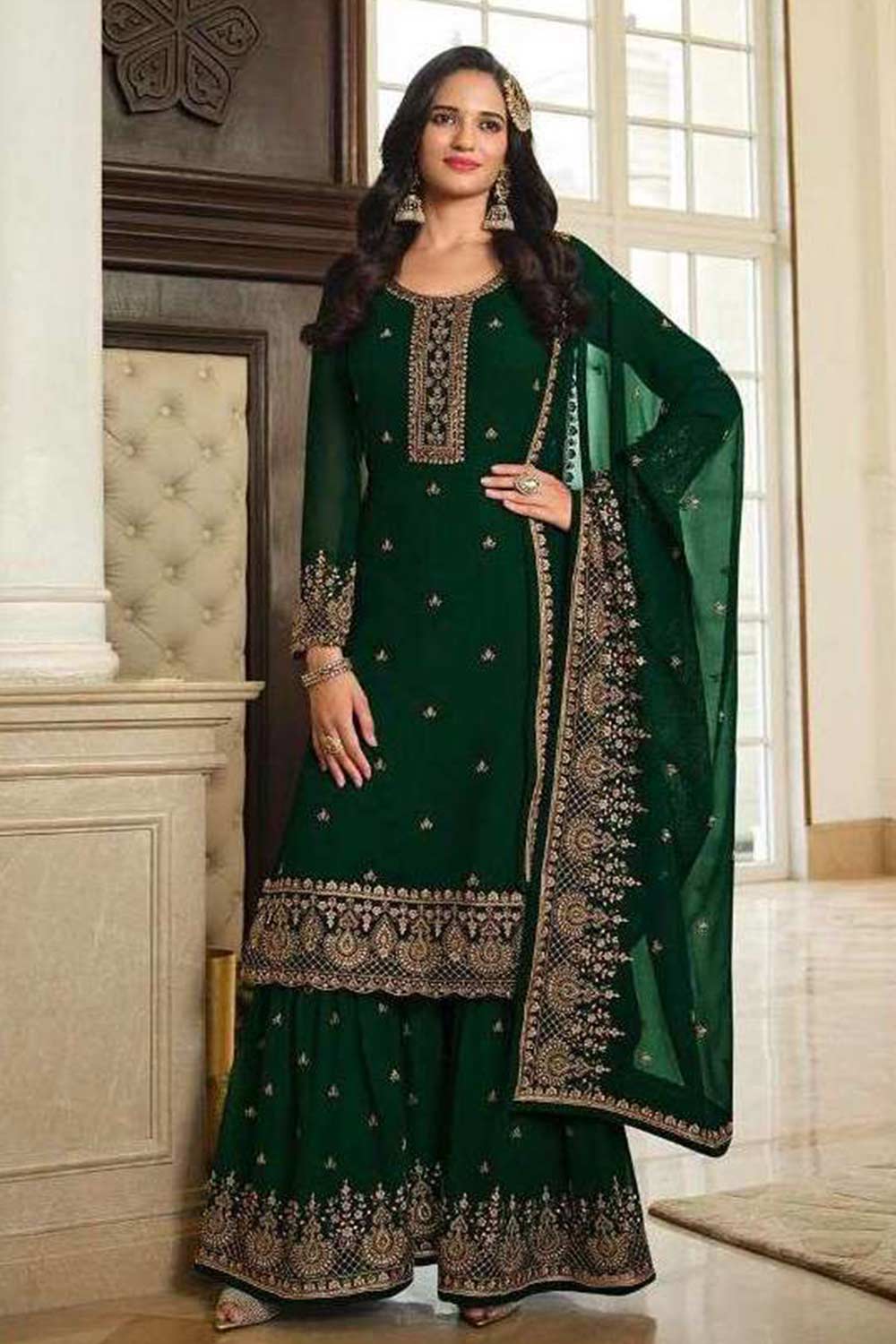 Buy Green Embellished With Embroidered Georgette Sharara Suit Set Online - KARMAPLACE