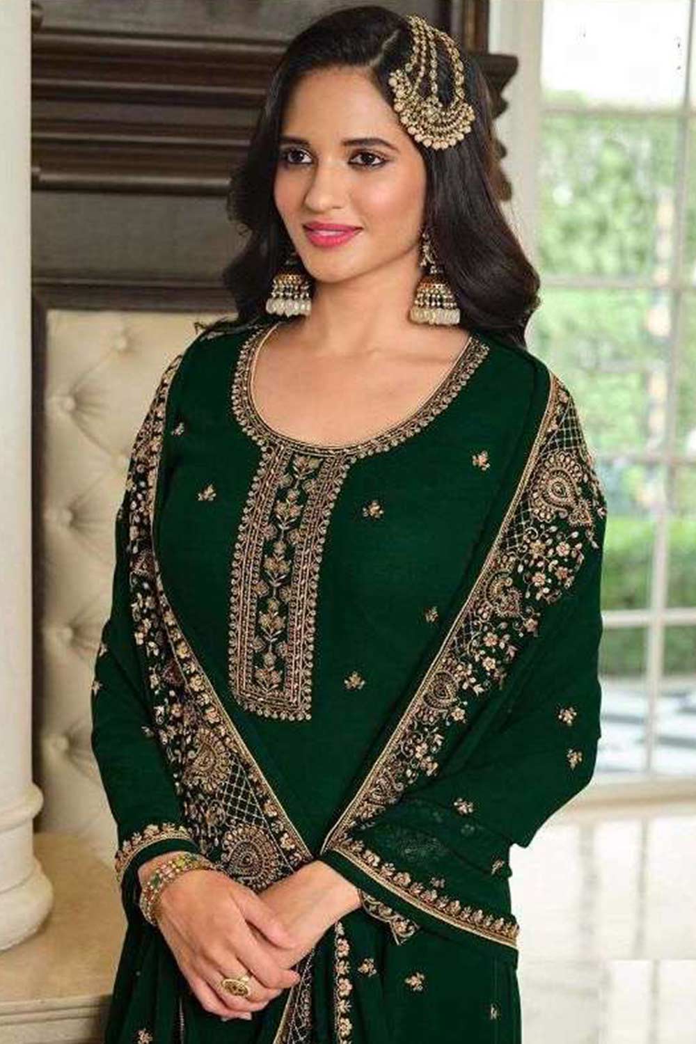 Green Embellished With Embroidered Georgette Sharara Suit Set