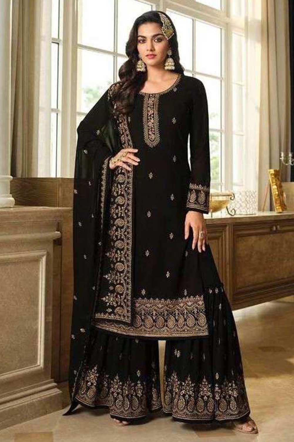 Buy Black Embellished With Embroidered Georgette Sharara Suit Set Online - KARMAPLACE