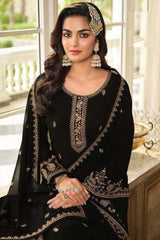 Black Embellished With Embroidered Georgette Sharara Suit Set
