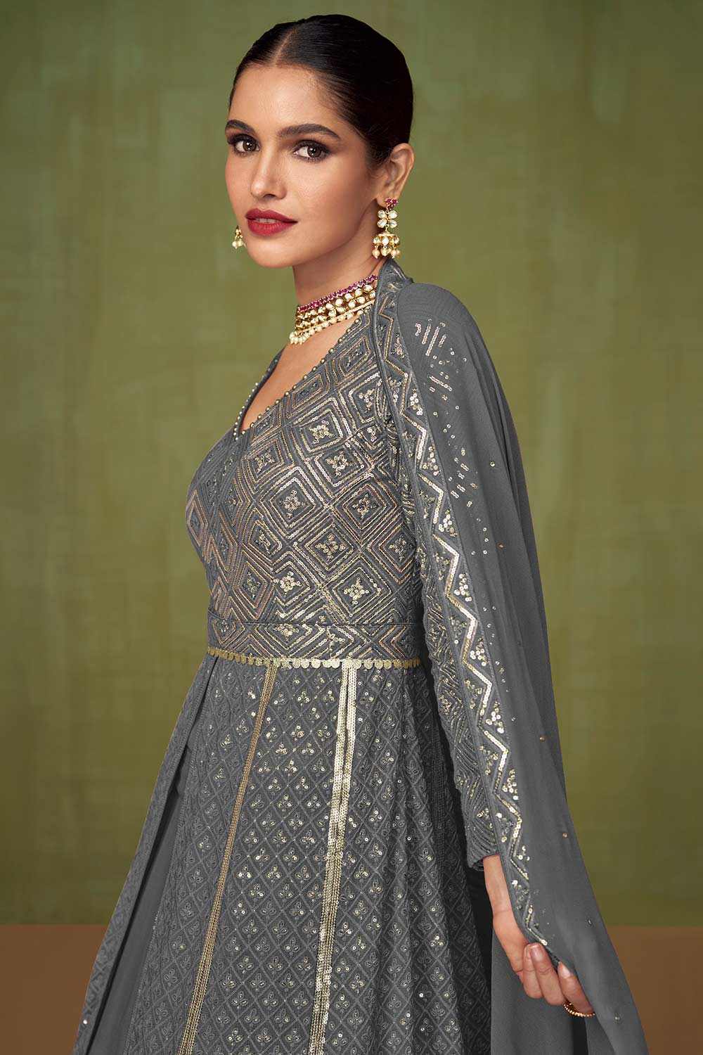 Grey  Embroidered Heavy Faux Georgette  Anarkali suit Set