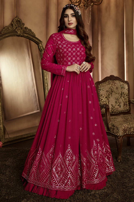 Buy Red Colored  Embroidered Georgette Anarkali suit Set Online - KARMAPLACE