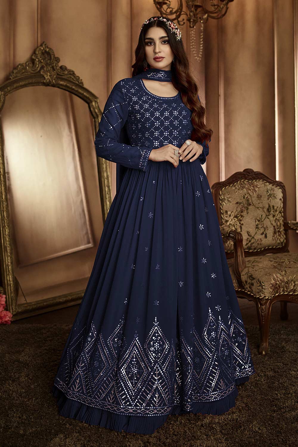 Buy Blue Colored  Embroidered Georgette Anarkali suit Set Online - KARMAPLACE