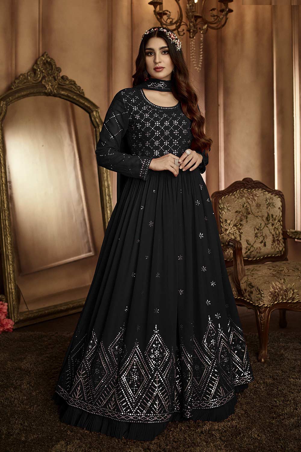 Buy Black Colored  Embroidered Georgette Anarkali suit Set Online - KARMAPLACE