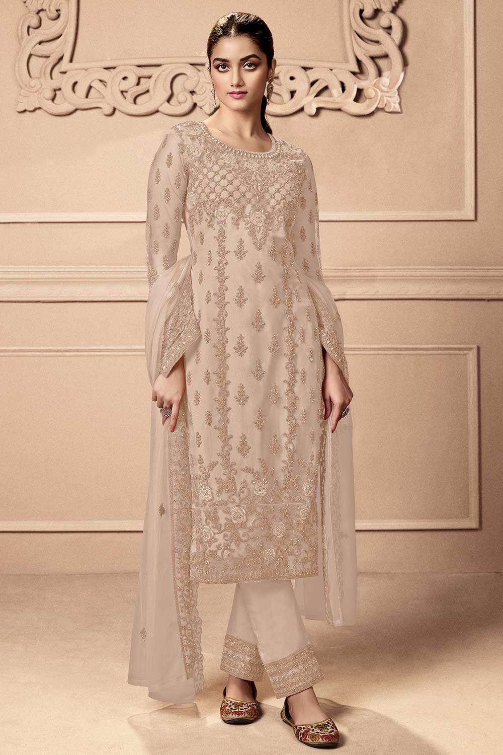 Buy Beige Party Wear Embroidered Netted Pant Suit Set Online - KARMAPLACE