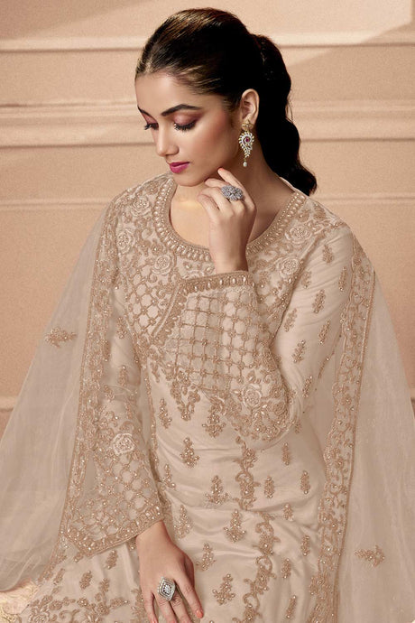 Beige Party Wear Embroidered Netted Pant Suit Set