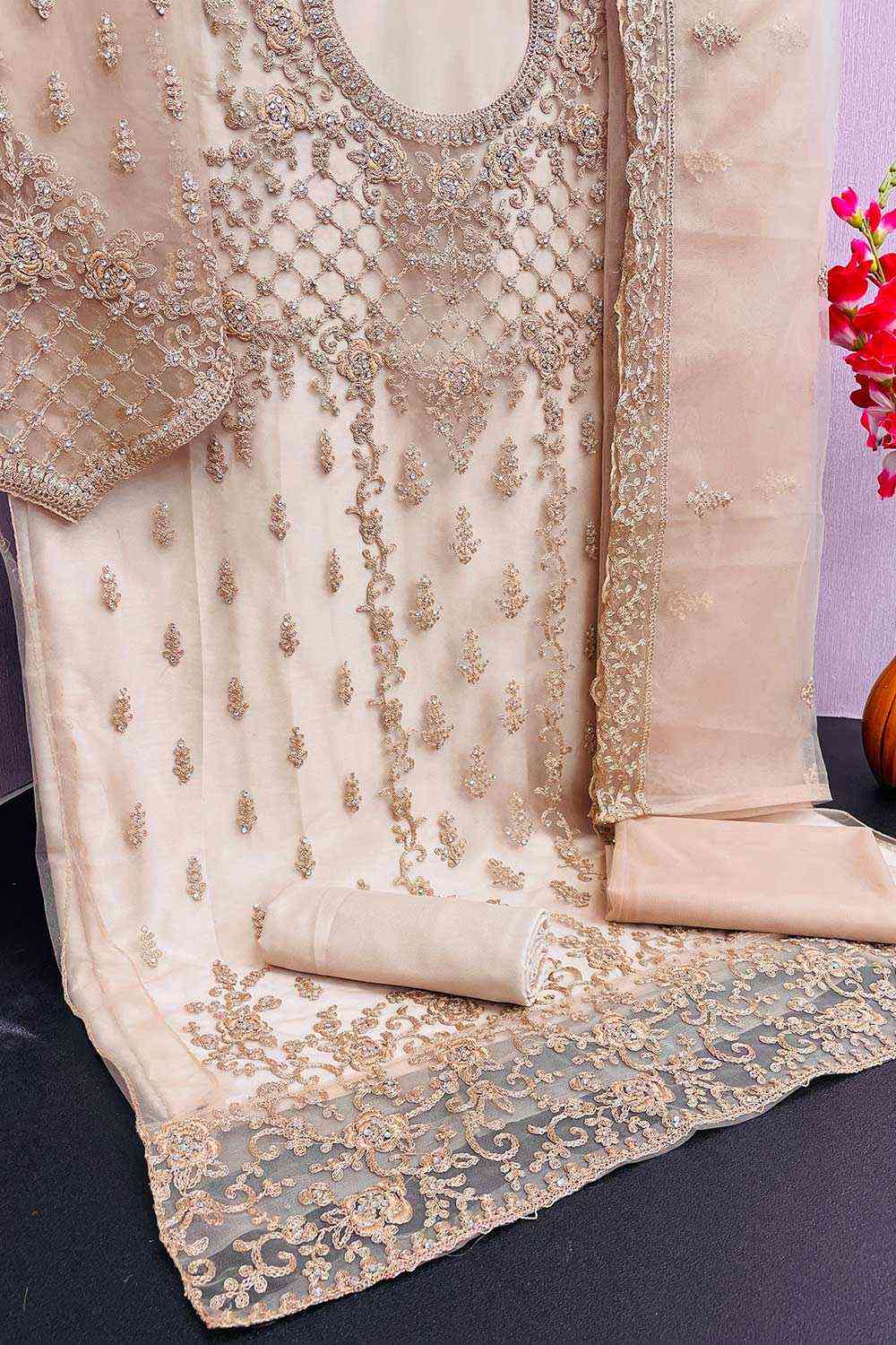 Beige Party Wear Embroidered Netted Pant Suit Set