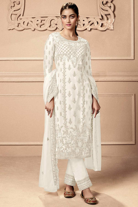 Buy White Party Wear Embroidered Netted Pant Suit Set Online - KARMAPLACE