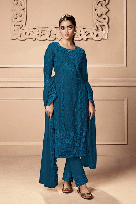 Buy Aqua Blue Party Wear Embroidered Netted Pant Suit Set Online - KARMAPLACE