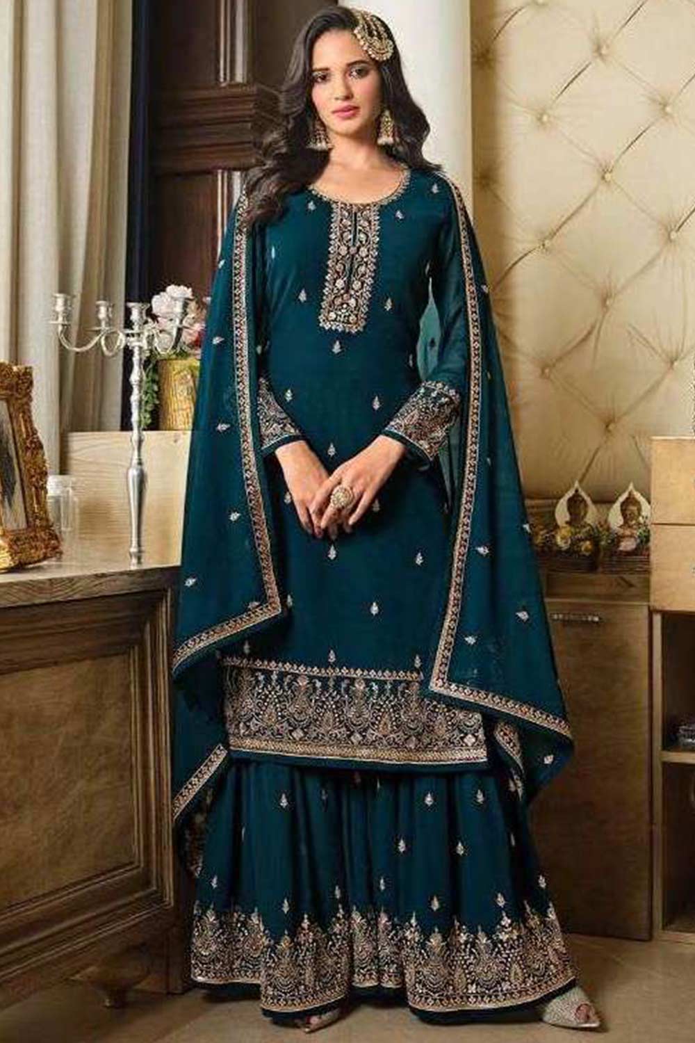 Buy Aqua Blue Embellished With Embroidered Georgette Sharara Suit Set Online - KARMAPLACE