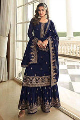 Buy Navy Blue Embellished With Embroidered Georgette Sharara Suit Set Online - KARMAPLACE