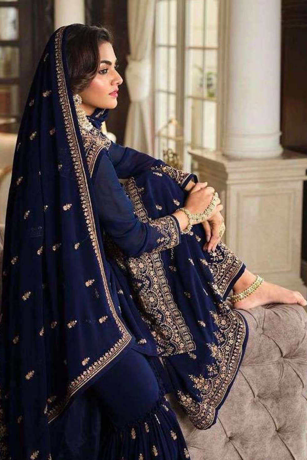 Navy Blue Embellished With Embroidered Georgette Sharara Suit Set