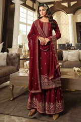 Buy Maroon Embellished With Embroidered Georgette Sharara Suit Set Online - KARMAPLACE