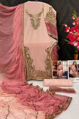 Peach Embroidered With Embellished Georgette Pant Suit Set