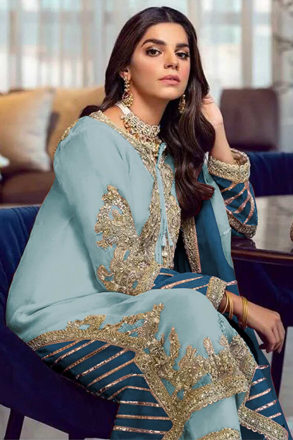 Sky Embroidered With Embellished Georgette Pant Suit Set