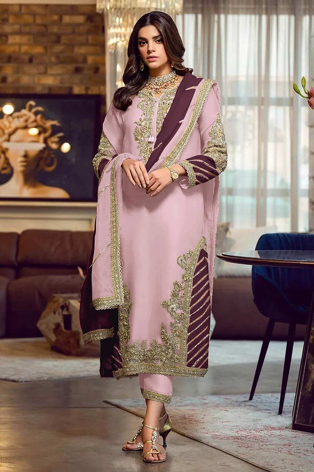 Buy Pink Embroidered With Embellished Georgette Pant Suit Set Online - KARMAPLACE