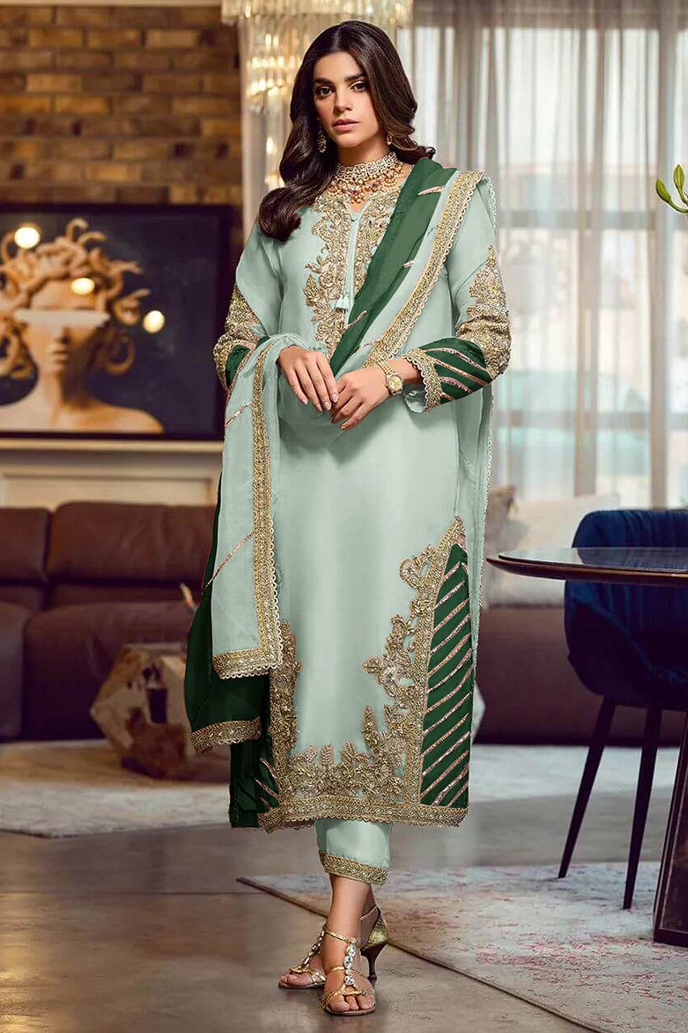 Buy Pista Green Embroidered With Embellished Georgette Pant Suit Set Online - KARMAPLACE