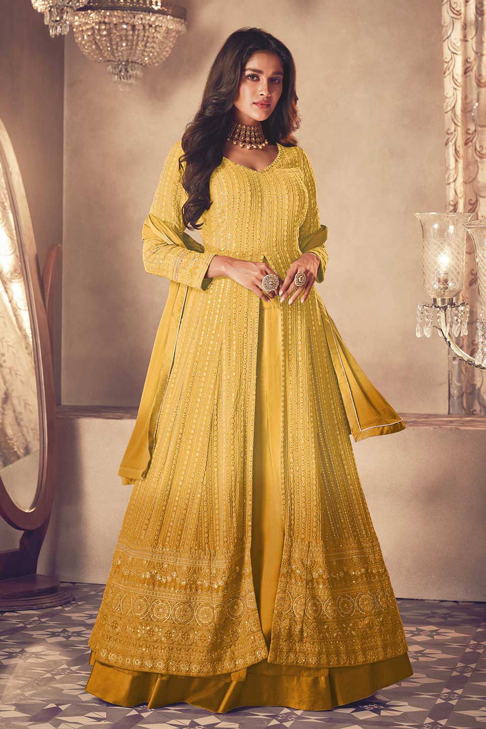 Buy Yellow Embroidered Georgette Anarkali Suit Set Online