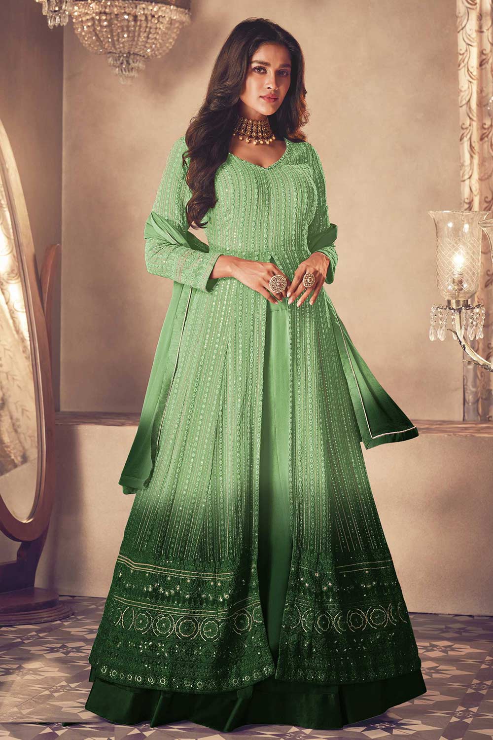 Buy Green Embroidered Georgette Anarkali Suit Set Online