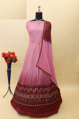 Buy Pink Embroidered Georgette Anarkali Suit Set Online - Front