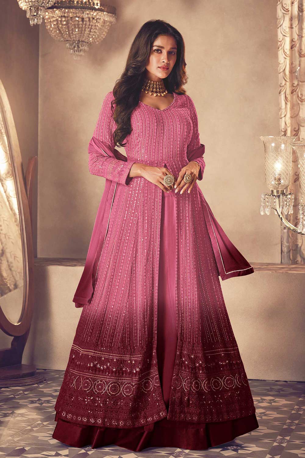 Pink Color Designer Long Anarkali Gown Suit Ready to Wear Reception Wear Heavy Embroidery and outlet Mirror Work Round Full Flared Anarkali Gown