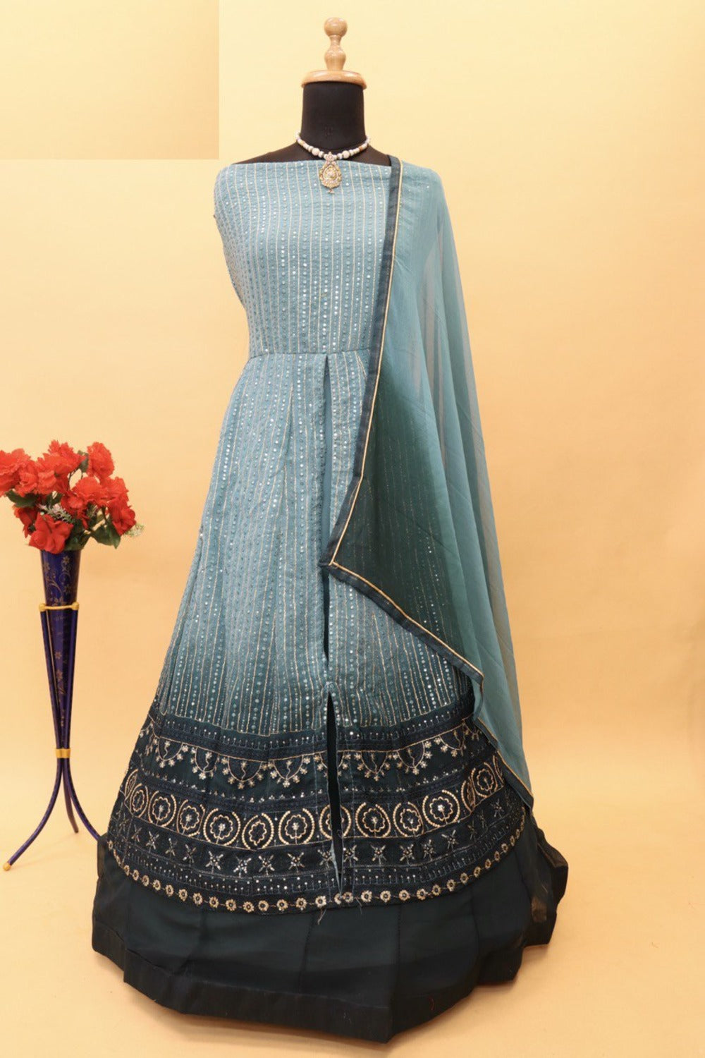 Buy Sky Embroidered Georgette Anarkali Suit Set Online - Front