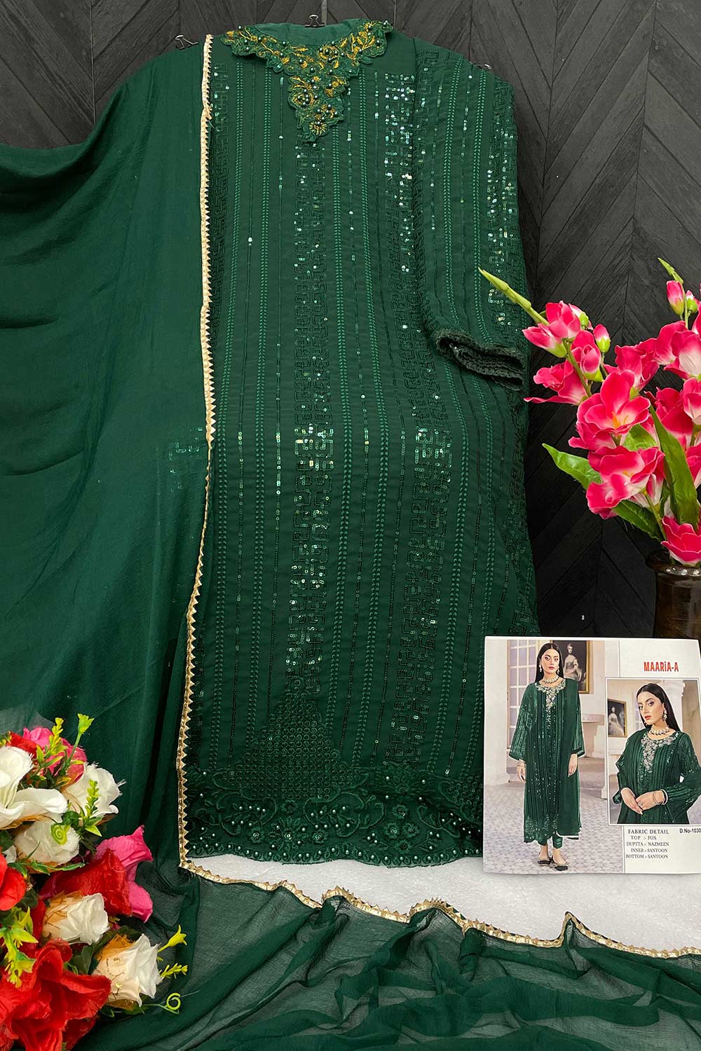 Buy Green With Embroidered Georgette Pakistani Suit Online - Front