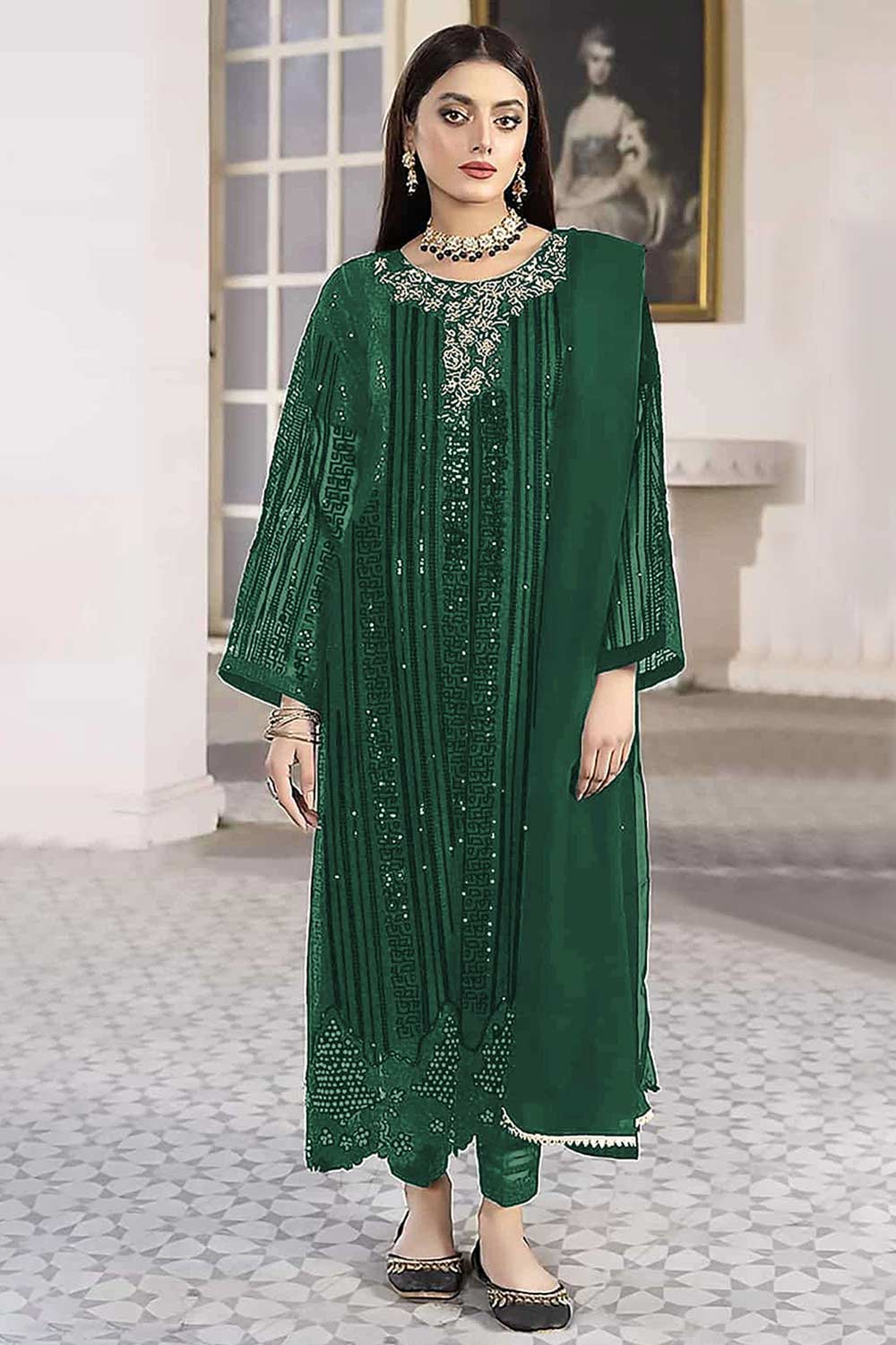 Buy Green With Embroidered Georgette Pakistani Suit Online