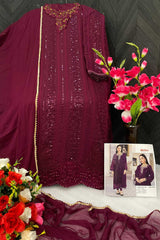 Buy Wine With Embroidered Georgette Pakistani Suit Online - Back