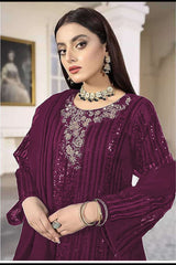 Buy Wine With Embroidered Georgette Pakistani Suit Online - Front