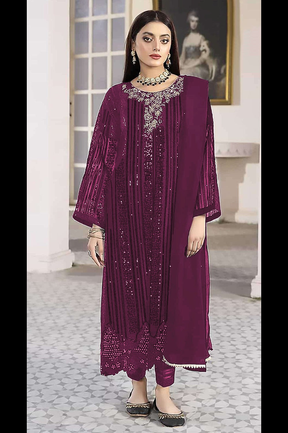 Buy Wine With Embroidered Georgette Pakistani Suit Online