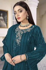 Buy Aqua Blue Georgette Embroidered Pakistani Suit Online - Back