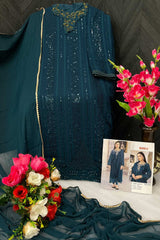Buy Aqua Blue Georgette Embroidered Pakistani Suit Online - Front