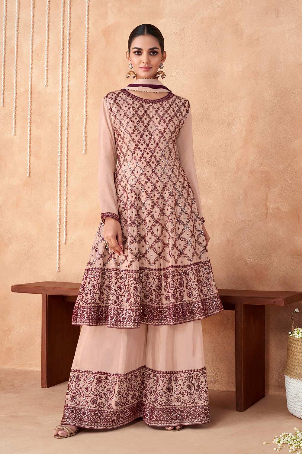 Maroon Color Function Wear Designer Embroidered Palazzo Dress