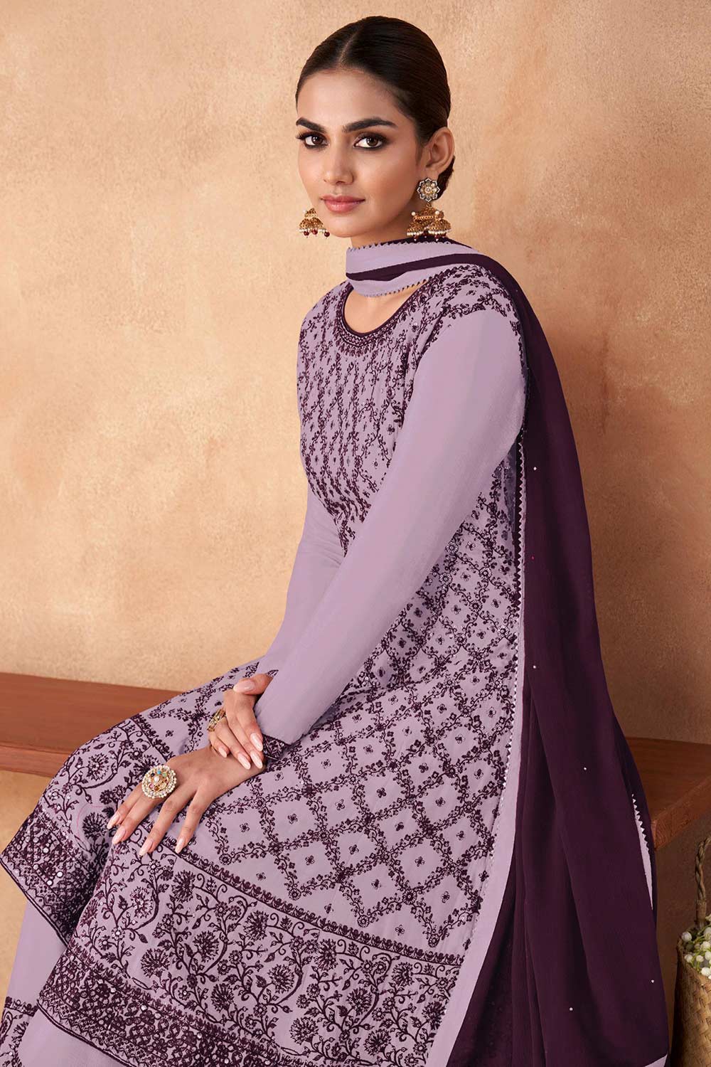 Buy Purple Floral Georgette Embroidered Palazzo Suit Online - Back