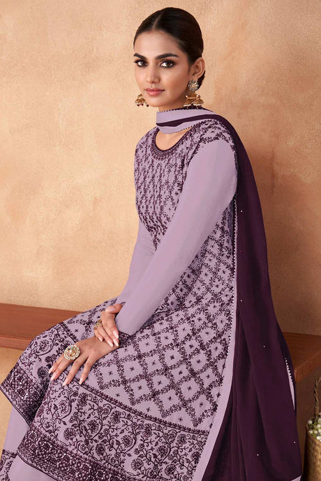 Buy Purple Floral Georgette Embroidered Palazzo Suit Online - Back