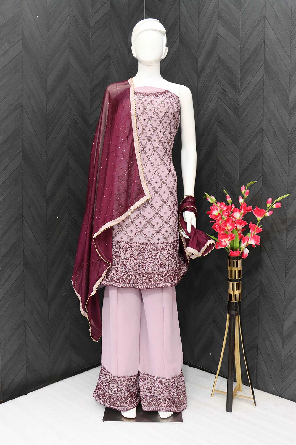 Buy Purple Floral Georgette Embroidered Palazzo Suit Online - Front