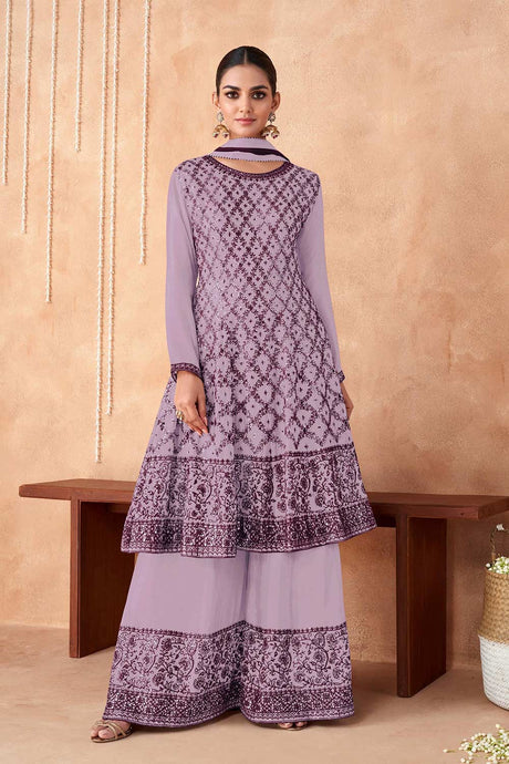 Buy Purple Floral Georgette Embroidered Palazzo Suit Online