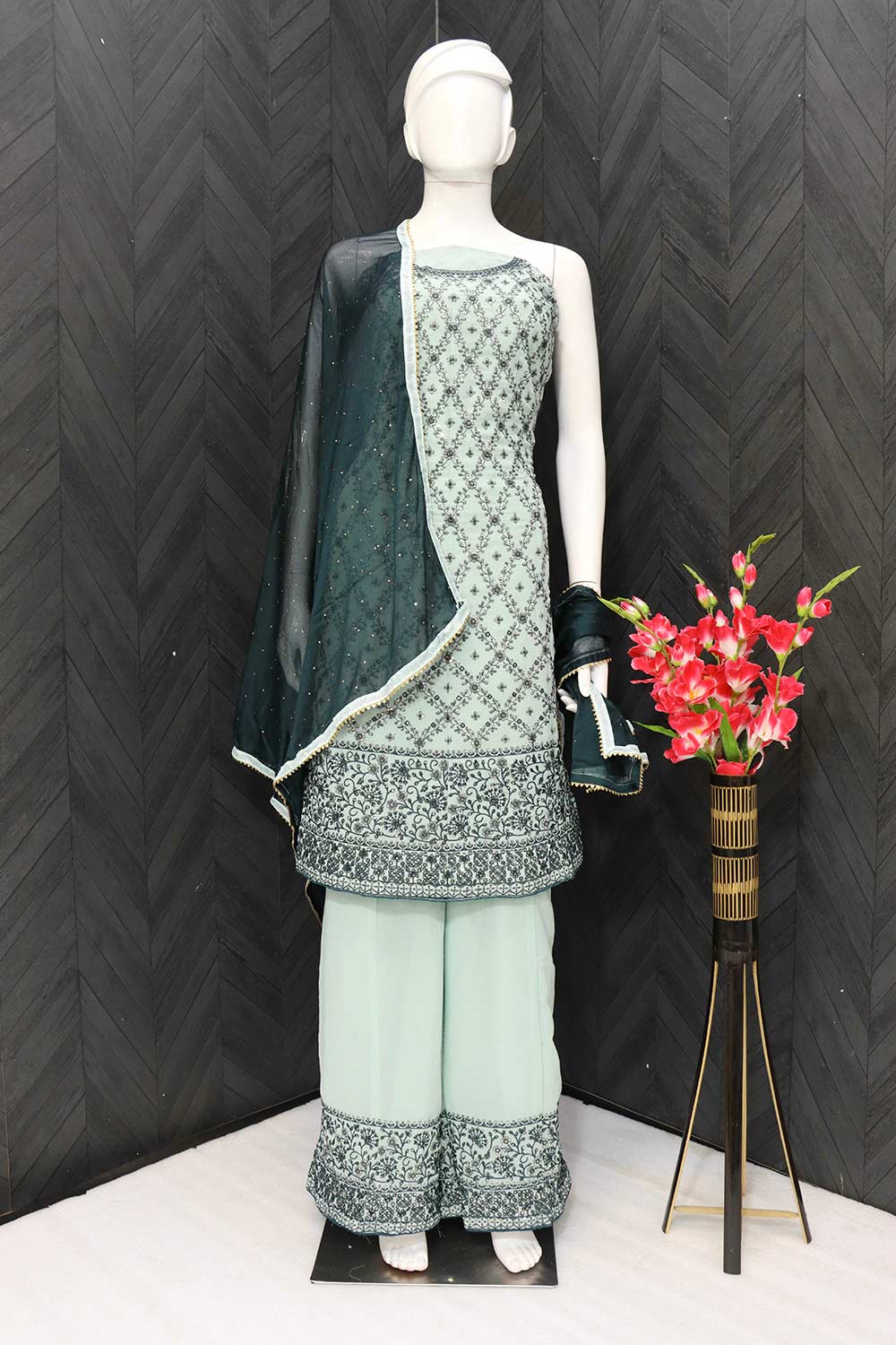 Buy Green Floral Georgette Embroidered Palazzo Suit Online - Front