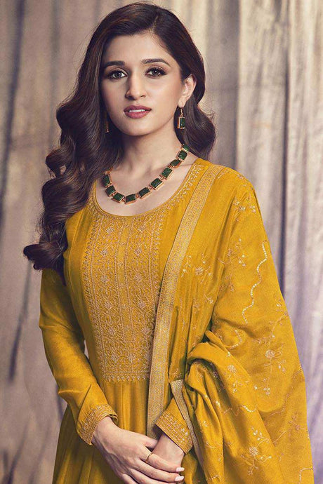 Buy Yellow Art Silk Embroidered Anarkali Suit Set Online - Back