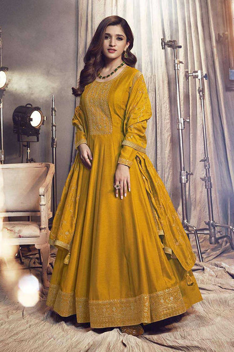 Buy Yellow Art Silk Embroidered Anarkali Suit Set Online
